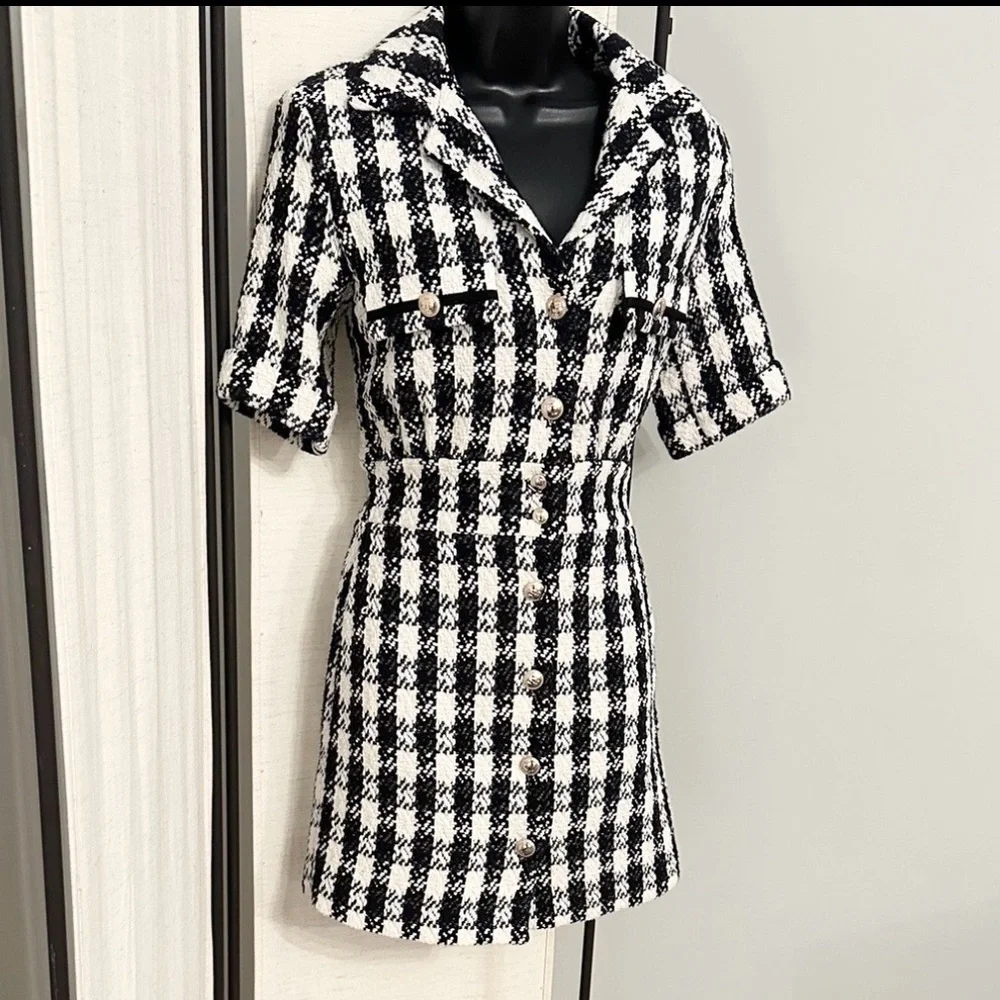Maje Black and White Check Tweed Mini Dress - Picture 6 of 15